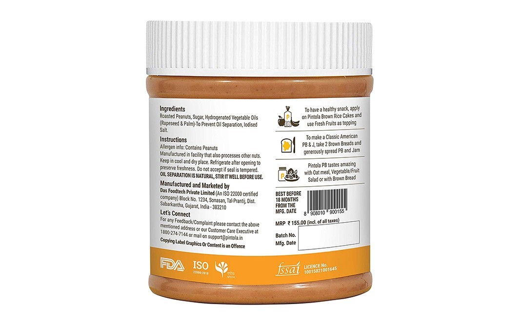 Pintola Peanut Butter Classic Crunchy   Plastic Jar  350 grams